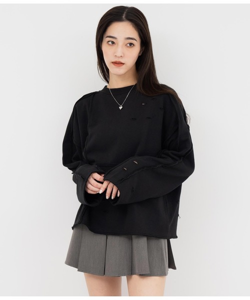 ANAP（アナップ）の「アウトシームダメージ裏毛スウェットトレーナー（スウェット・レディース・ブラック/オフホワイト・FREE）」の12枚目の写真