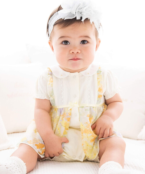 bebe 新品ロンパース 50〜70cm セール】シフォン花プリントレーシー  