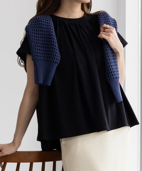 Howdy Marie(ハウディ―マリー)の「Howdy Marie ハウディーマリー ギャザーTシャツ(Tシャツ/カットソー・レディース・ブラック/ホワイト/モカ・フリー)」の1枚目の写真