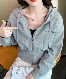 英字ポイント入りクロップド丈ジップパーカー