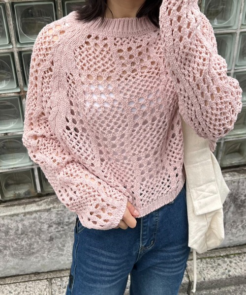 mebole(メボレ)の「クロップド丈透かし編みニット(ニット/セーター・レディース・ピンク/ホワイト/ブラック・FREE)」の19枚目の写真