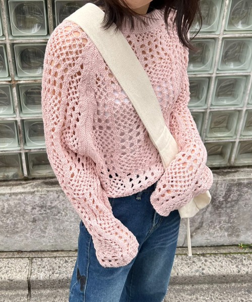 mebole(メボレ)の「クロップド丈透かし編みニット(ニット/セーター・レディース・ピンク/ホワイト/ブラック・FREE)」の21枚目の写真