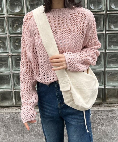 mebole(メボレ)の「クロップド丈透かし編みニット(ニット/セーター・レディース・ピンク/ホワイト/ブラック・FREE)」の22枚目の写真