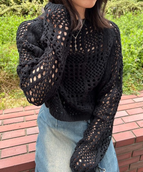 mebole(メボレ)の「クロップド丈透かし編みニット(ニット/セーター・レディース・ピンク/ホワイト/ブラック・FREE)」の11枚目の写真