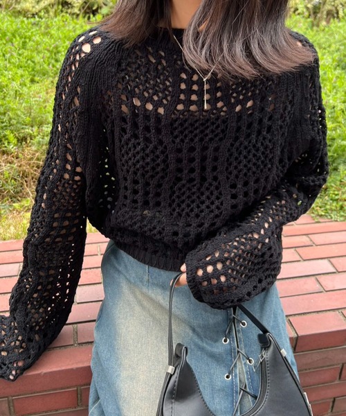 mebole(メボレ)の「クロップド丈透かし編みニット(ニット/セーター・レディース・ピンク/ホワイト/ブラック・FREE)」の12枚目の写真