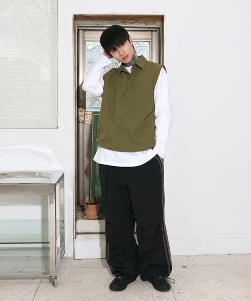 UNISEX][カップルコーデ] レイヤードナイロンストリングハーフオープン 