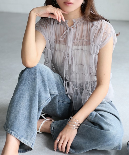 セール】2WAYギャザーリボンチュールトップス/ベスト（ベスト