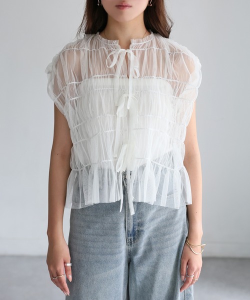 Riberry（リベリー）の「2WAYギャザーリボンチュールトップス/ベスト（ベスト・レディース・グレー/ブラック/ベージュ/グレイッシュベージュ/オフホワイト・FREE）」の6枚目の写真