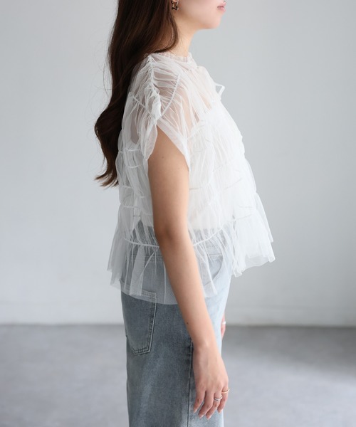 Riberry（リベリー）の「2WAYギャザーリボンチュールトップス/ベスト（ベスト・レディース・グレー/ブラック/ベージュ/グレイッシュベージュ/オフホワイト・FREE）」の7枚目の写真