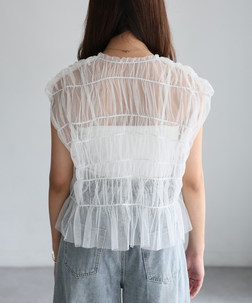 Riberry（リベリー）の「2WAYギャザーリボンチュールトップス/ベスト（ベスト・レディース・グレー/ブラック/ベージュ/グレイッシュベージュ/オフホワイト・FREE）」の8枚目の写真