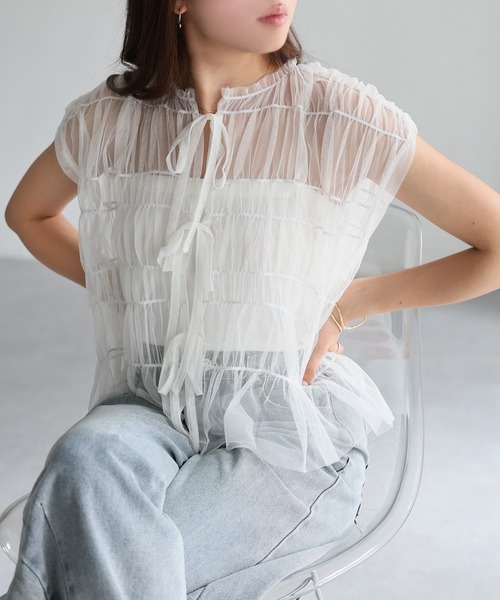 Riberry（リベリー）の「2WAYギャザーリボンチュールトップス/ベスト（ベスト・レディース・グレー/ブラック/ベージュ/グレイッシュベージュ/オフホワイト・FREE）」の16枚目の写真