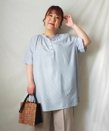 【WEB&一部店舗限定】【LL~6L 大きいサイズ】接触冷感バンドカラーチュニックブラウス