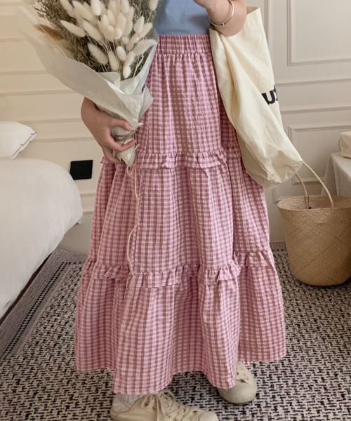 PRIVATE  BEACH（プライベートビーチ）の「チェック柄ティアードスカート（スカート・レディース・ピンク/ブラック・FREE）」の2枚目の写真