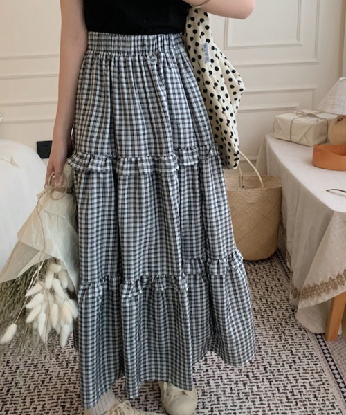 PRIVATE  BEACH（プライベートビーチ）の「チェック柄ティアードスカート（スカート・レディース・ピンク/ブラック・FREE）」の3枚目の写真