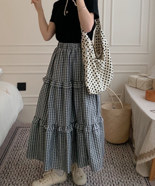 PRIVATE  BEACH（プライベートビーチ）の「チェック柄ティアードスカート（スカート・レディース・ピンク/ブラック・FREE）」の4枚目の写真