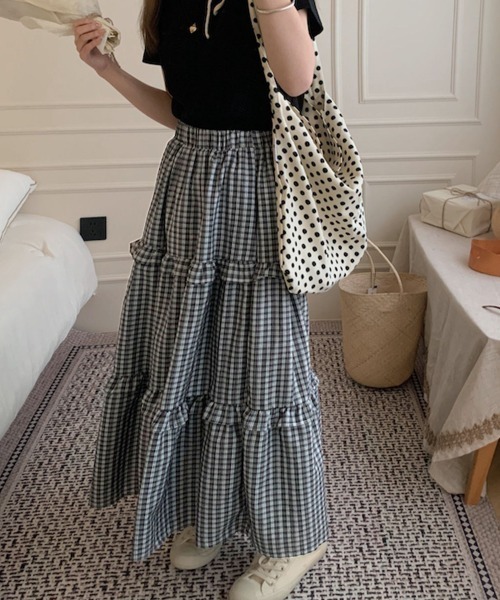 PRIVATE  BEACH（プライベートビーチ）の「チェック柄ティアードスカート（スカート・レディース・ピンク/ブラック・FREE）」の5枚目の写真