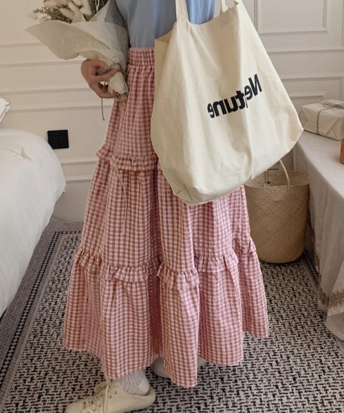 PRIVATE  BEACH（プライベートビーチ）の「チェック柄ティアードスカート（スカート・レディース・ピンク/ブラック・FREE）」の8枚目の写真