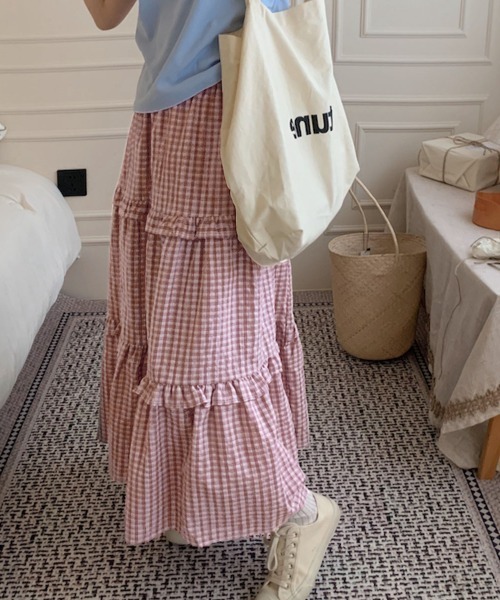 PRIVATE  BEACH（プライベートビーチ）の「チェック柄ティアードスカート（スカート・レディース・ピンク/ブラック・FREE）」の9枚目の写真