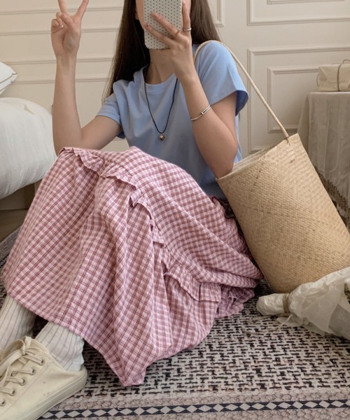 PRIVATE  BEACH（プライベートビーチ）の「チェック柄ティアードスカート（スカート・レディース・ピンク/ブラック・FREE）」の12枚目の写真