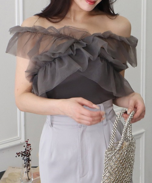 ROYAL PARTY（ロイヤルパーティー）の「3wayフリルベアトップス（Tシャツ/カットソー・レディース・グレー/マルチ/ブラック・FREE）」の2枚目の写真
