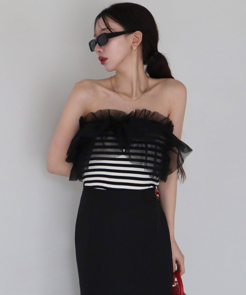 ROYAL PARTY（ロイヤルパーティー）の「3wayフリルベアトップス（Tシャツ/カットソー・レディース・グレー/マルチ/ブラック・FREE）」の4枚目の写真