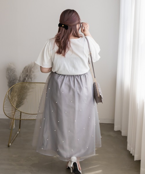 CLETTE(クレット)の「スカラップ調メローサマーニット(ニット/セーター・レディース・ブラック/モカ/オフホワイト・4L/3L/LL)」の7枚目の写真