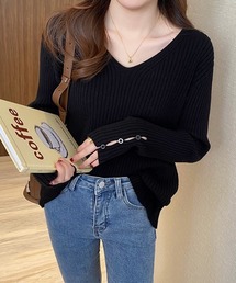ECLIN | 袖ボタンVネックリブニットトップス(ニット/セーター)