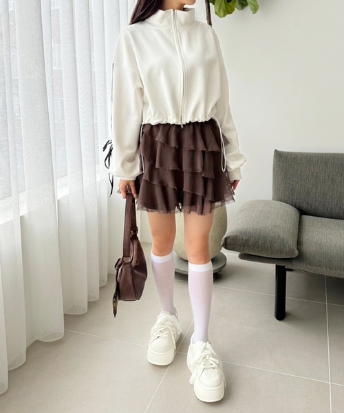 one after another NICE CLAUP（ワンアフターアナザーナイスクラップ）の「袖リボントラックジャケット（スウェット・レディース・ブラック/オフホワイト/杢グレー/チャコールグレー・FREE）」の5枚目の写真