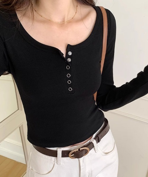 DIAVEL（ディアベル）の「【人気新色登場入荷済！今すぐチェック！】韓国風リブカットソー 長袖トップス／ヘンリーネック＆ボタンデザイン（Tシャツ/カットソー・レディース・ブラック/ホワイト/グレー/ネイビー/ブラウン・M）」の20枚目の写真