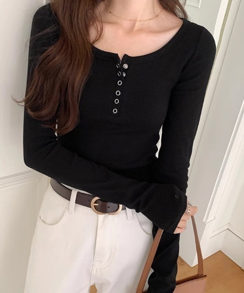 DIAVEL（ディアベル）の「【人気新色登場入荷済！今すぐチェック！】韓国風リブカットソー 長袖トップス／ヘンリーネック＆ボタンデザイン（Tシャツ/カットソー・レディース・ブラック/ホワイト/グレー/ネイビー/ブラウン・M）」の18枚目の写真