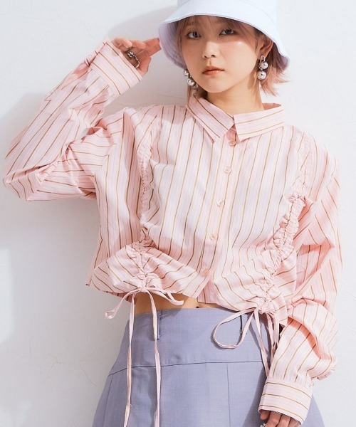 TTOL(トール)の「ワイドクロップドストライプシャツ(シャツ/ブラウス・レディース・グレー/ピンク・M-L/L-XL)」の1枚目の写真