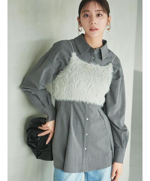 Te chichi(テチチ)の「【貴島明日香コラボ】フェザーキャミSETフレアチュニックシャツ(シャツ/ブラウス・レディース・ベージュ/グレー・F)」の3枚目の写真