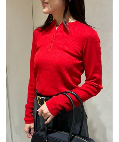 ヘンリーネックロングスリーブリブニット【手洗い可能】(ニット