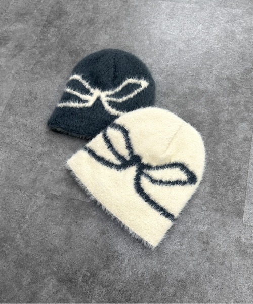 jiasecond.（ジアセカンド）の「【jiasecond.】リボン柄シャギービーニー / 帽子 ニット帽 ビーニー ファー ニットワッチ リボン バレエコア シャギー 起毛 ふわふわ ブラック チャコール ZOZOTOWN限定（ニットキャップ/ビーニー・レディース・アイボリー/チャコールグレー・FREE）」の15枚目の写真