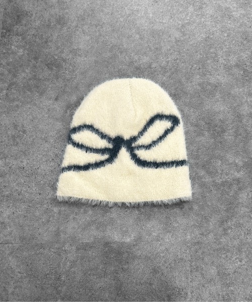 jiasecond.（ジアセカンド）の「【jiasecond.】リボン柄シャギービーニー / 帽子 ニット帽 ビーニー ファー ニットワッチ リボン バレエコア シャギー 起毛 ふわふわ ブラック チャコール ZOZOTOWN限定（ニットキャップ/ビーニー・レディース・アイボリー/チャコールグレー・FREE）」の3枚目の写真