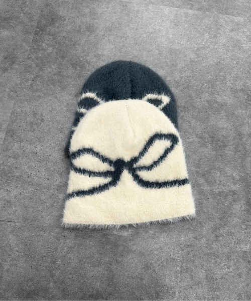 jiasecond.（ジアセカンド）の「【jiasecond.】リボン柄シャギービーニー / 帽子 ニット帽 ビーニー ファー ニットワッチ リボン バレエコア シャギー 起毛 ふわふわ ブラック チャコール ZOZOTOWN限定（ニットキャップ/ビーニー・レディース・アイボリー/チャコールグレー・FREE）」の5枚目の写真