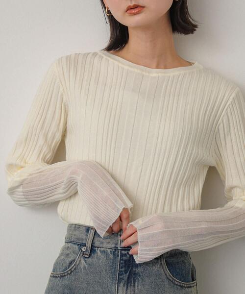 SENSE OF PLACE by URBAN RESEARCH（センスオブプレイスバイアーバンリサーチ）の「ボートネックシアースリーブリブセーター（ニット/セーター・レディース・イエロー/ネイビー/チャコールグレー/アイボリー・ONE）」の2枚目の写真