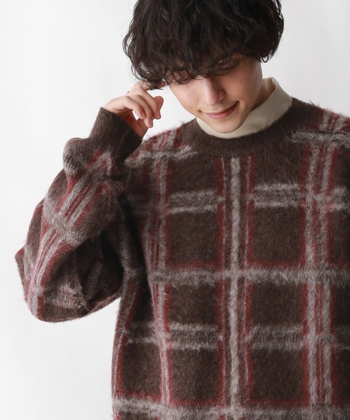 RAGEBLUE(レイジブルー)の「起毛チェック/オーバーサイズクルーネックニット(ニット/セーター・メンズ・ライトグレー/ブラウン/グレー・MEDIUM/LARGE)」の2枚目の写真