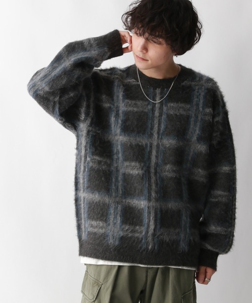 RAGEBLUE(レイジブルー)の「起毛チェック/オーバーサイズクルーネックニット(ニット/セーター・メンズ・ライトグレー/ブラウン/グレー・MEDIUM/LARGE)」の3枚目の写真
