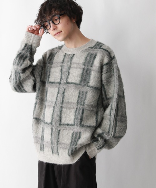 RAGEBLUE(レイジブルー)の「起毛チェック/オーバーサイズクルーネックニット(ニット/セーター・メンズ・ライトグレー/ブラウン/グレー・MEDIUM/LARGE)」の1枚目の写真