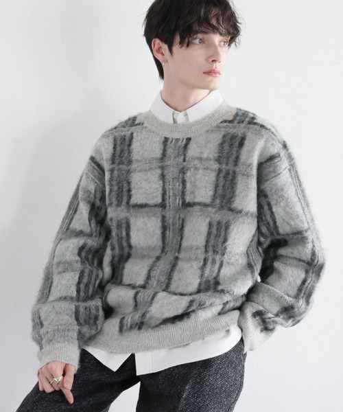RAGEBLUE(レイジブルー)の「起毛チェック/オーバーサイズクルーネックニット(ニット/セーター・メンズ・ライトグレー/ブラウン/グレー・MEDIUM/LARGE)」の6枚目の写真