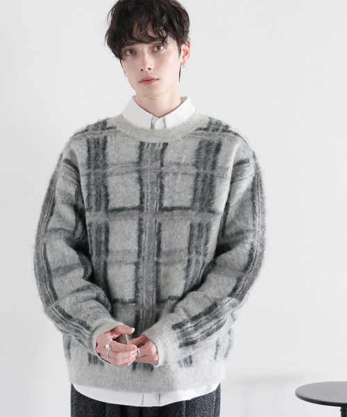RAGEBLUE(レイジブルー)の「起毛チェック/オーバーサイズクルーネックニット(ニット/セーター・メンズ・ライトグレー/ブラウン/グレー・MEDIUM/LARGE)」の5枚目の写真