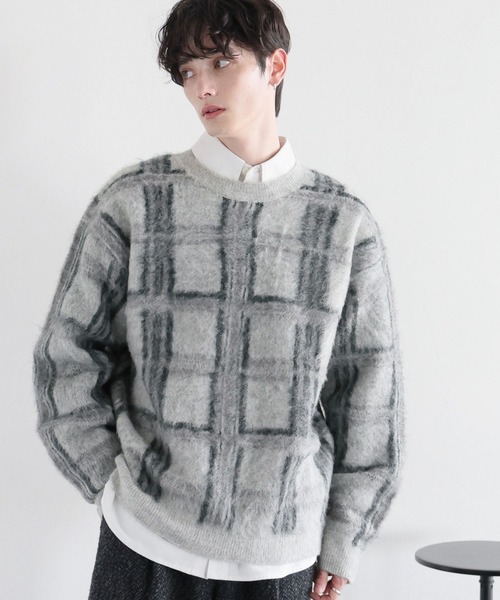RAGEBLUE(レイジブルー)の「起毛チェック/オーバーサイズクルーネックニット(ニット/セーター・メンズ・ライトグレー/ブラウン/グレー・MEDIUM/LARGE)」の4枚目の写真
