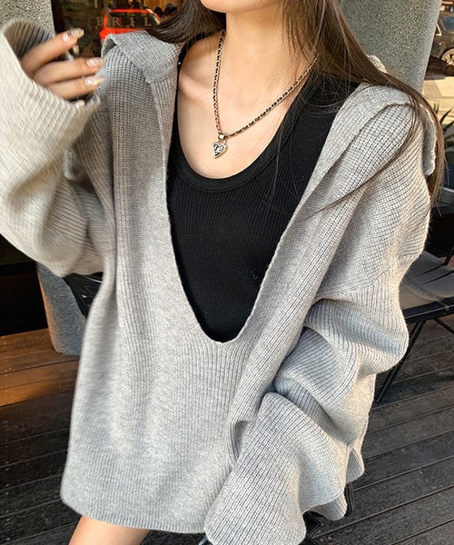 深Vネック襟付きポロニットトップス（ニット/セーター）｜ROOPTOKYO