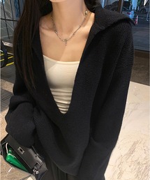 深Vネック襟付きポロニットトップス