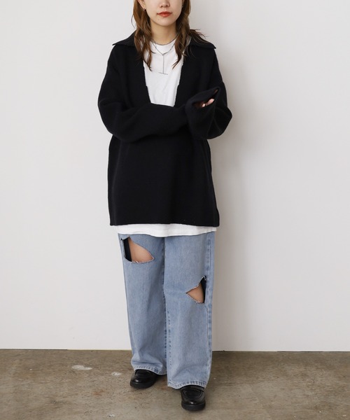 深Vネック襟付きポロニットトップス（ニット/セーター）｜ROOPTOKYO