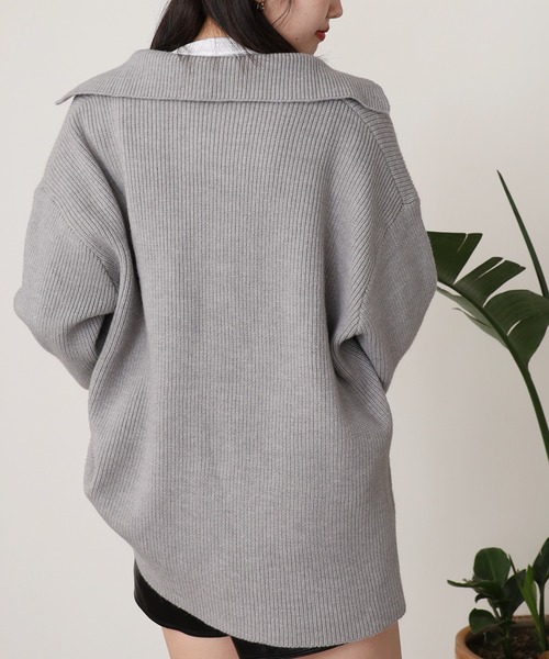 深Vネック襟付きポロニットトップス（ニット/セーター