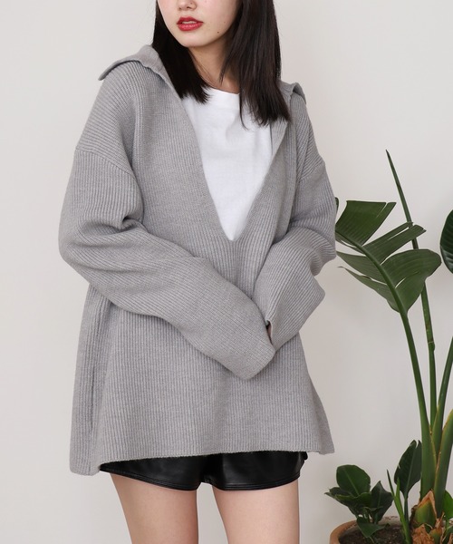 深Vネック襟付きポロニットトップス（ニット/セーター）｜ROOPTOKYO