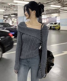 オフショルダー リブニット トップス