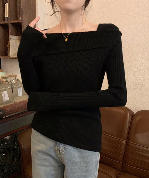 WESTSEA(ウエストシー)の「オフショルダー リブニット トップス(ニット/セーター・レディース・ワイン/ブラック/ピンク/ホワイト/グレー・FREE)」の6枚目の写真